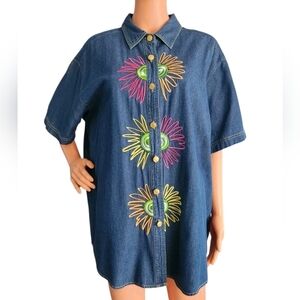 Bob Mackie Wearable Art Floral Embroidered Denim Button Up Shirt Top Size 1X